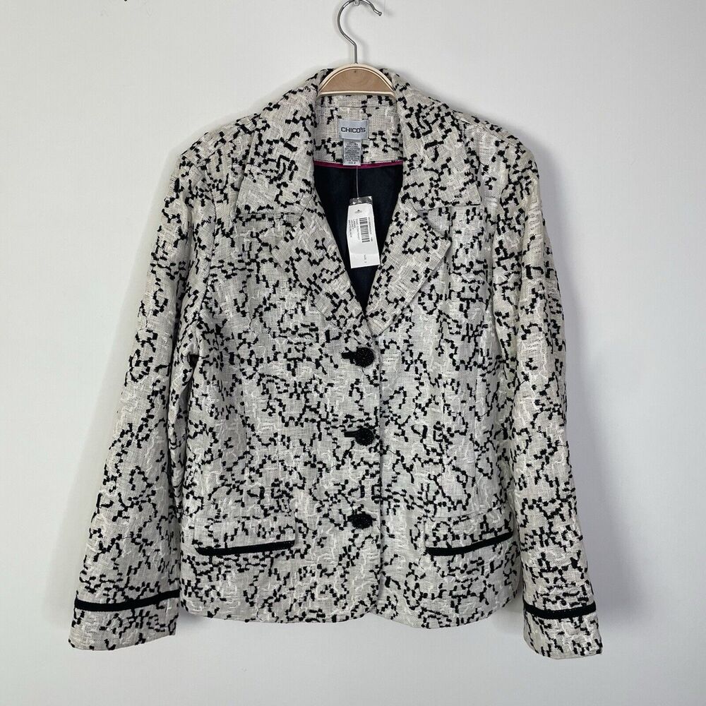Chico's Linen Embroidered Blazer Jacket Cream Black Beaded Button Sz 2 US‎ Large